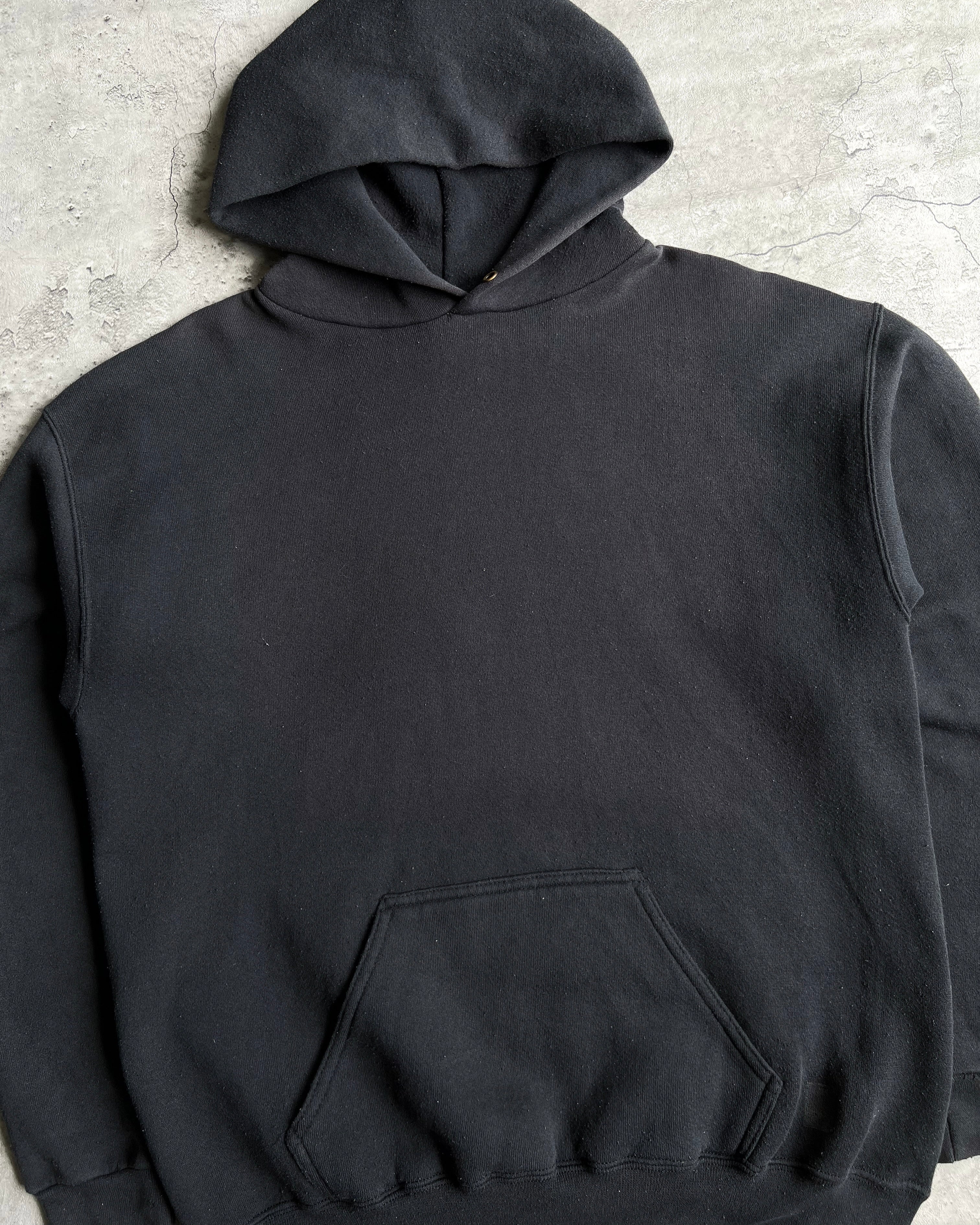 1990S FADED BLACK DISCUS ATHLETIC BLACK BLANK HOODIE (L)