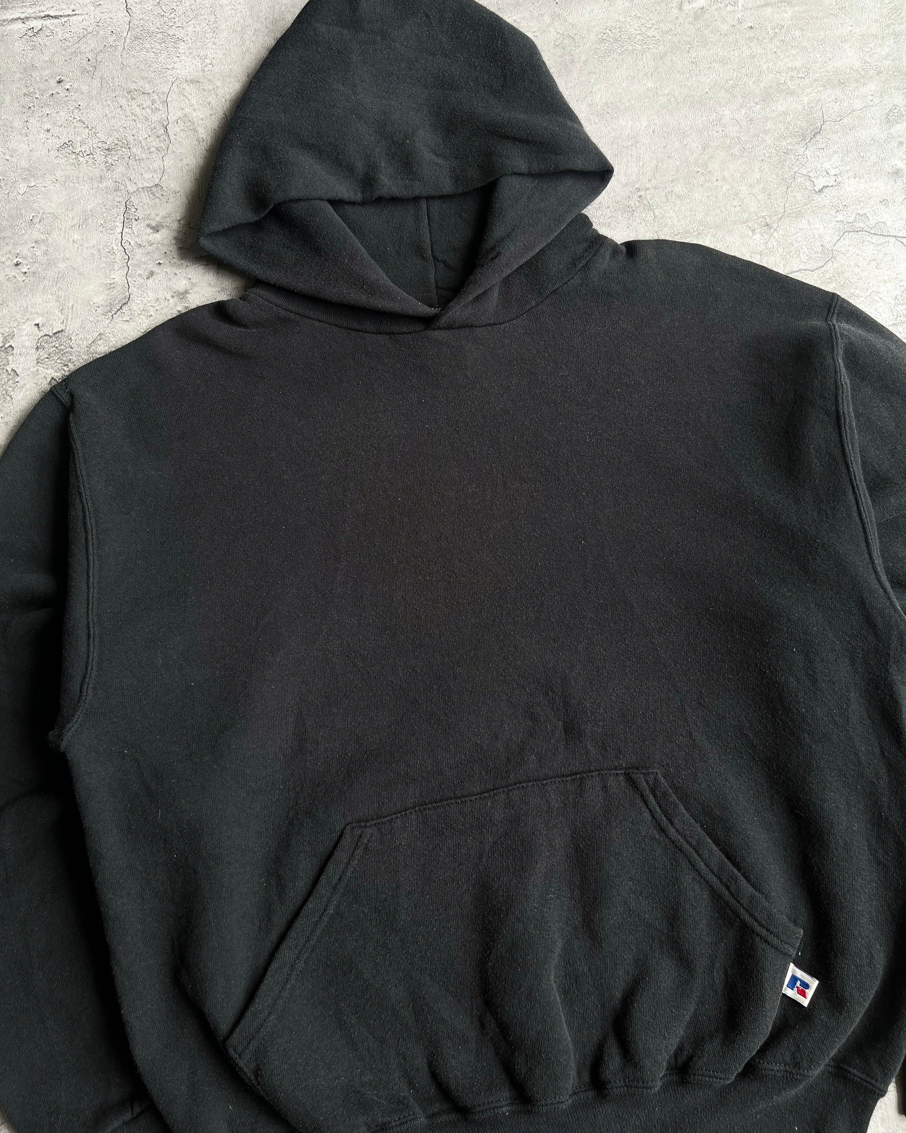 1990S RUSSELL FADED BLACK BLANK HOODIE (M)
