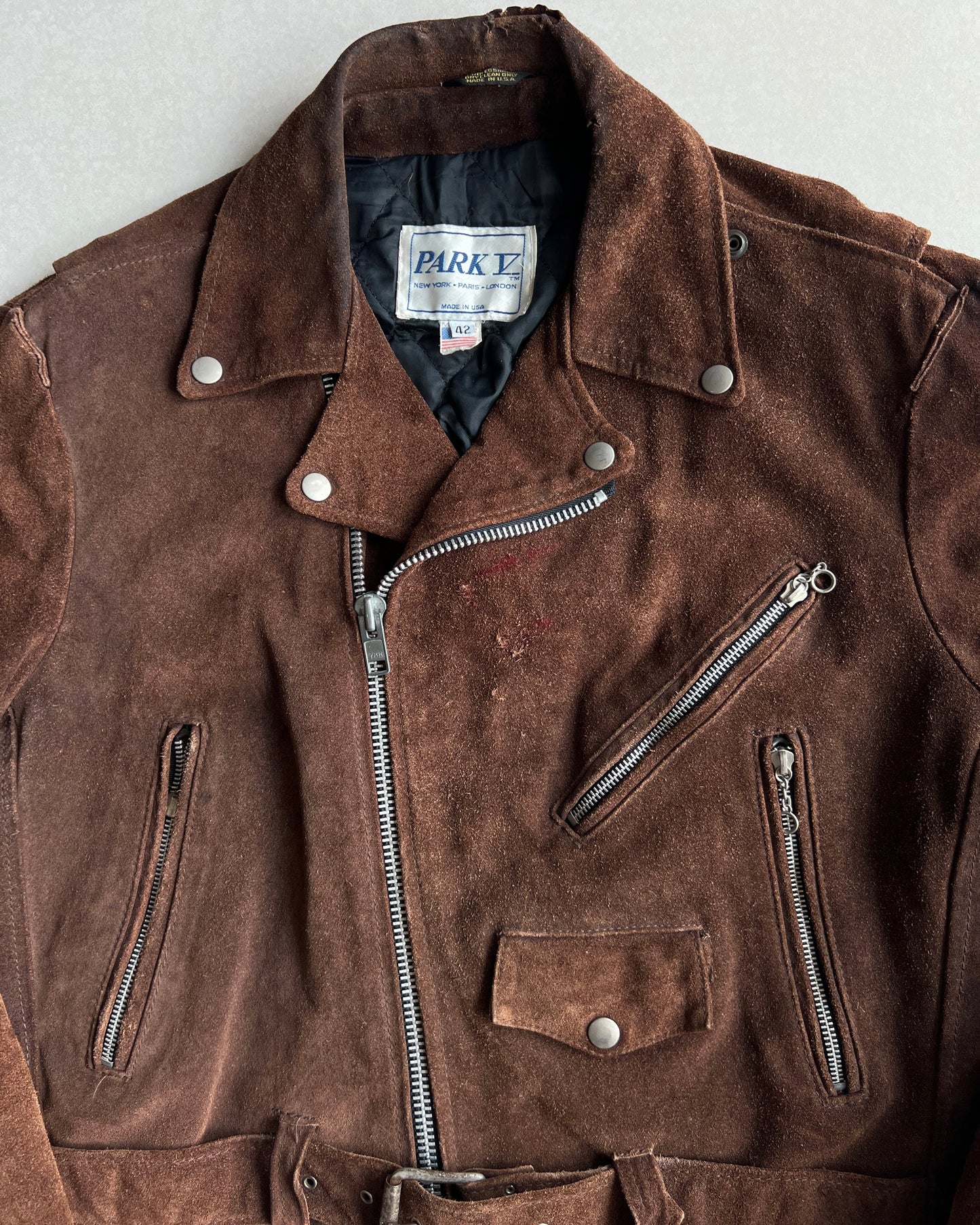 1980S PARK V SUEDE LEATHER BIKER JACKET (L)