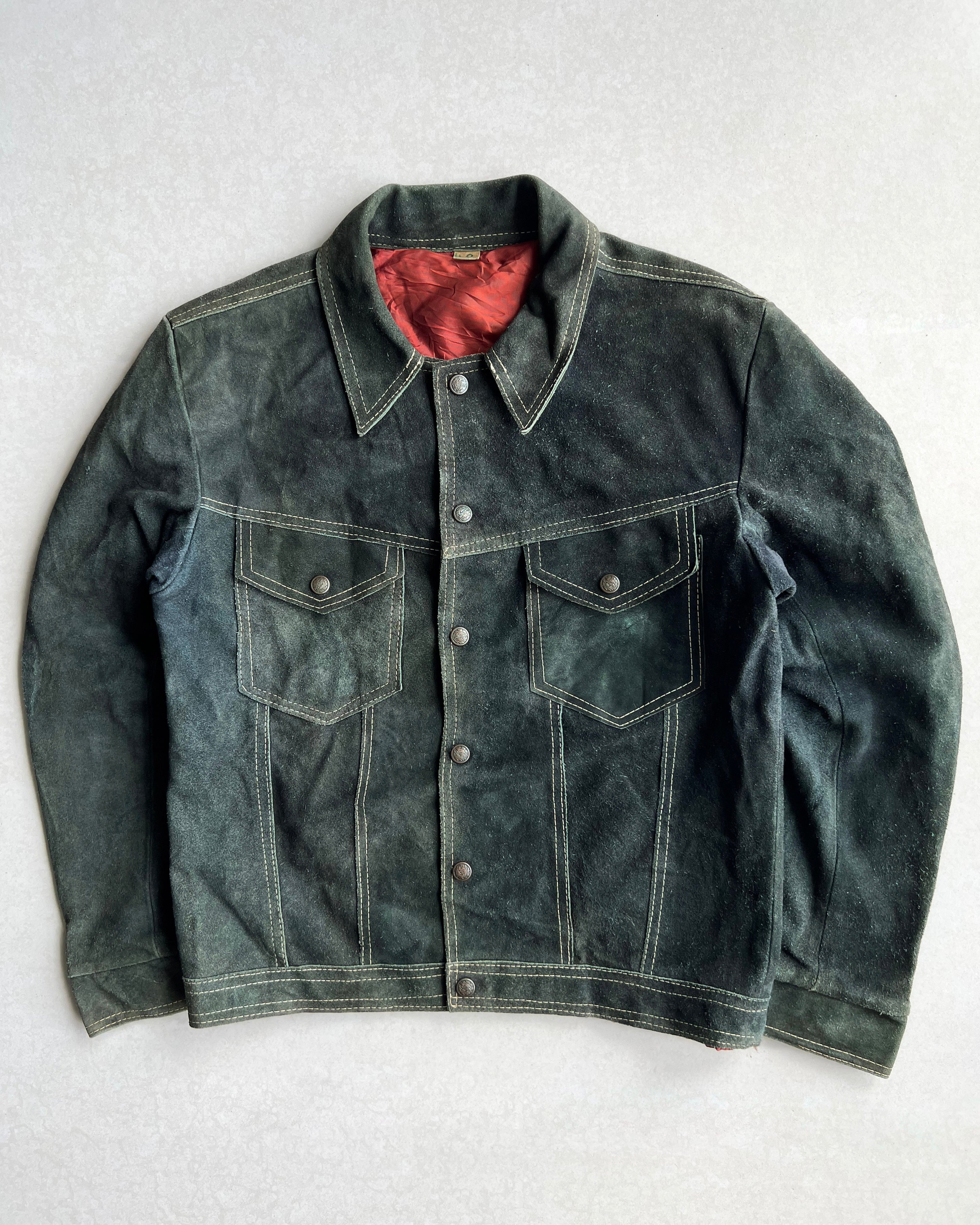 1970S MOSS GREEN SUEDE TRUCKER JACKET (M)