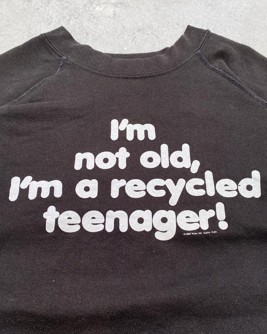 1988 ‘I’M NOT OLD, I’M A RECYCLED TEENAGER’ RAGLAN SWEATSHIRT (L)