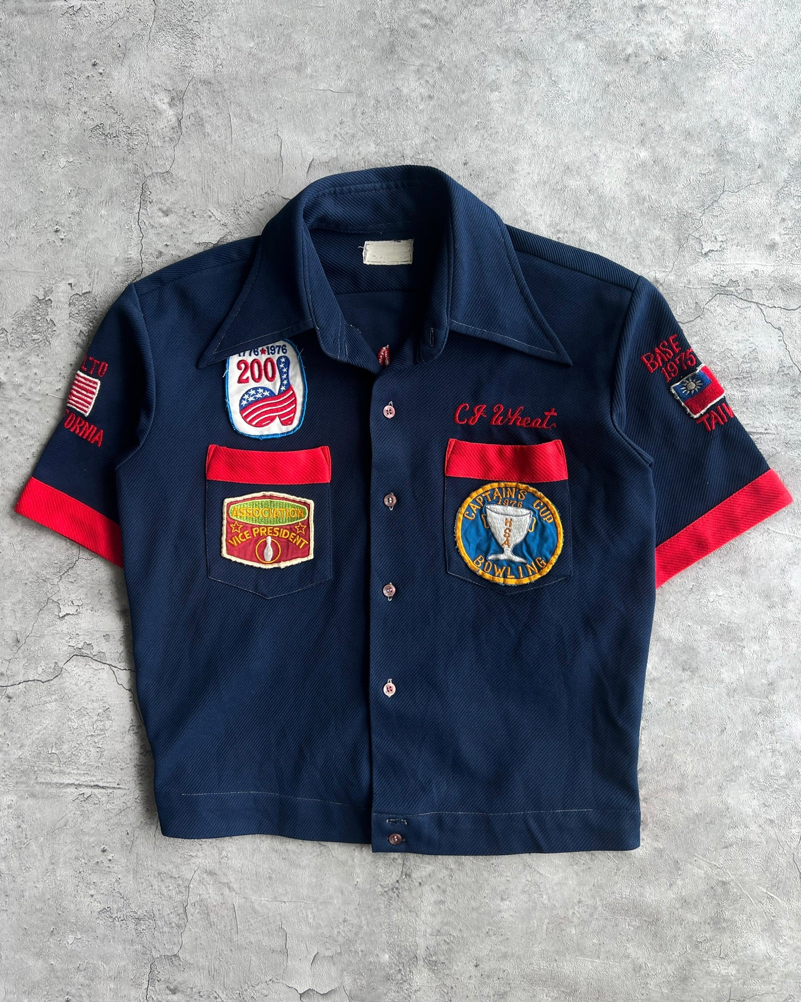 1970S MULTI-PATCHES 'CAPTAIN CUPS' BOWLING SHIRT (M)