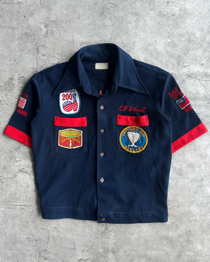 1970S MULTI-PATCHES 'CAPTAIN CUPS' BOWLING SHIRT (M)