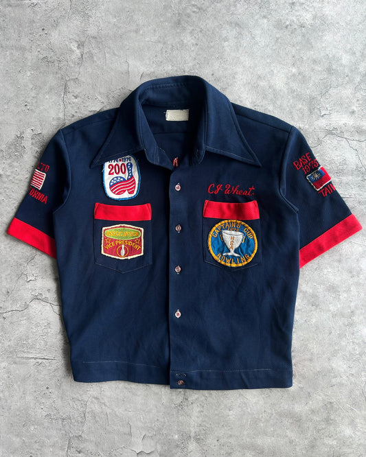 1970S MULTI-PATCHES 'CAPTAIN CUPS' BOWLING SHIRT (M)