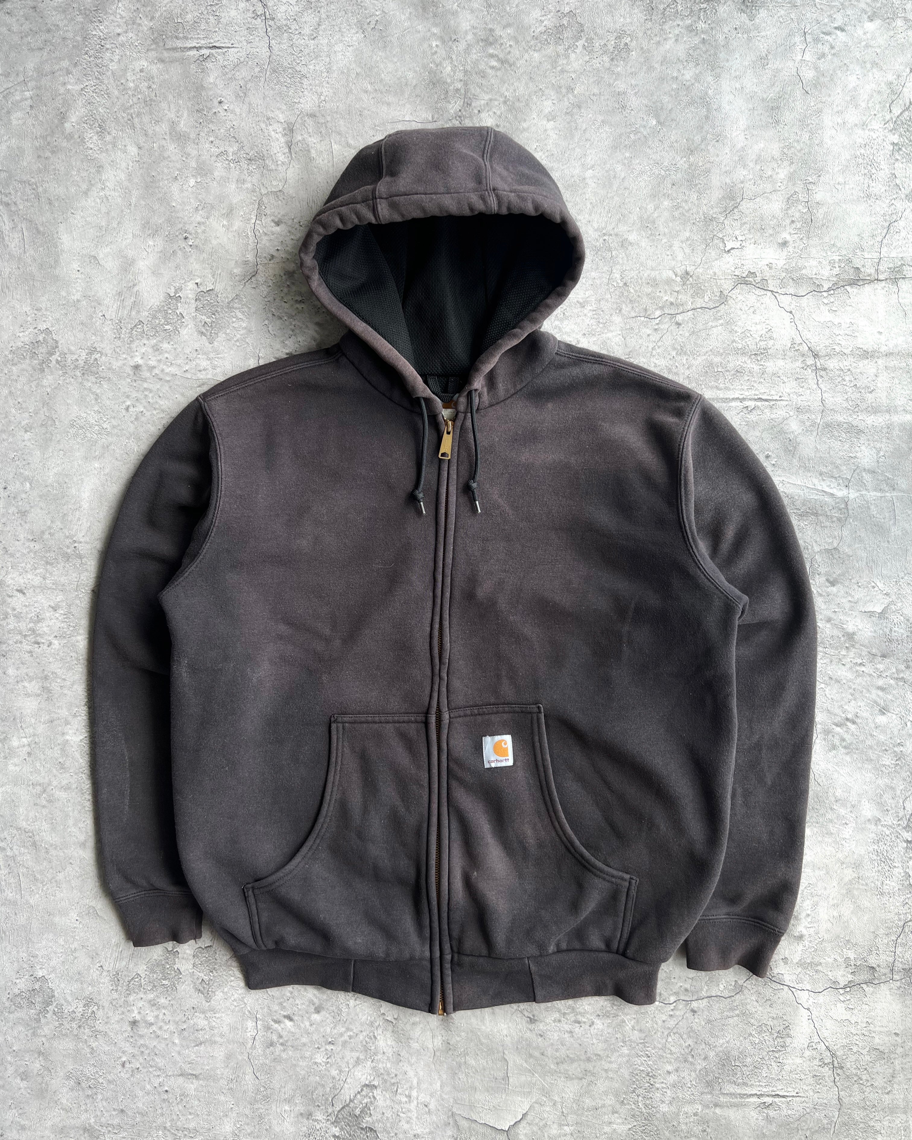 1990S SUN FADED BLACK HEAVYWEIGHT CARHARTT LOGO ZIP-UP HOODIE (L)