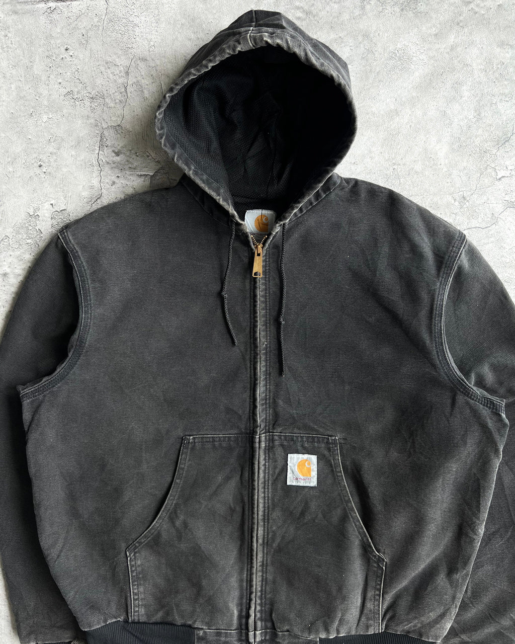 1990S FADED BLACK CARHARTT HOODED JACKET (L)