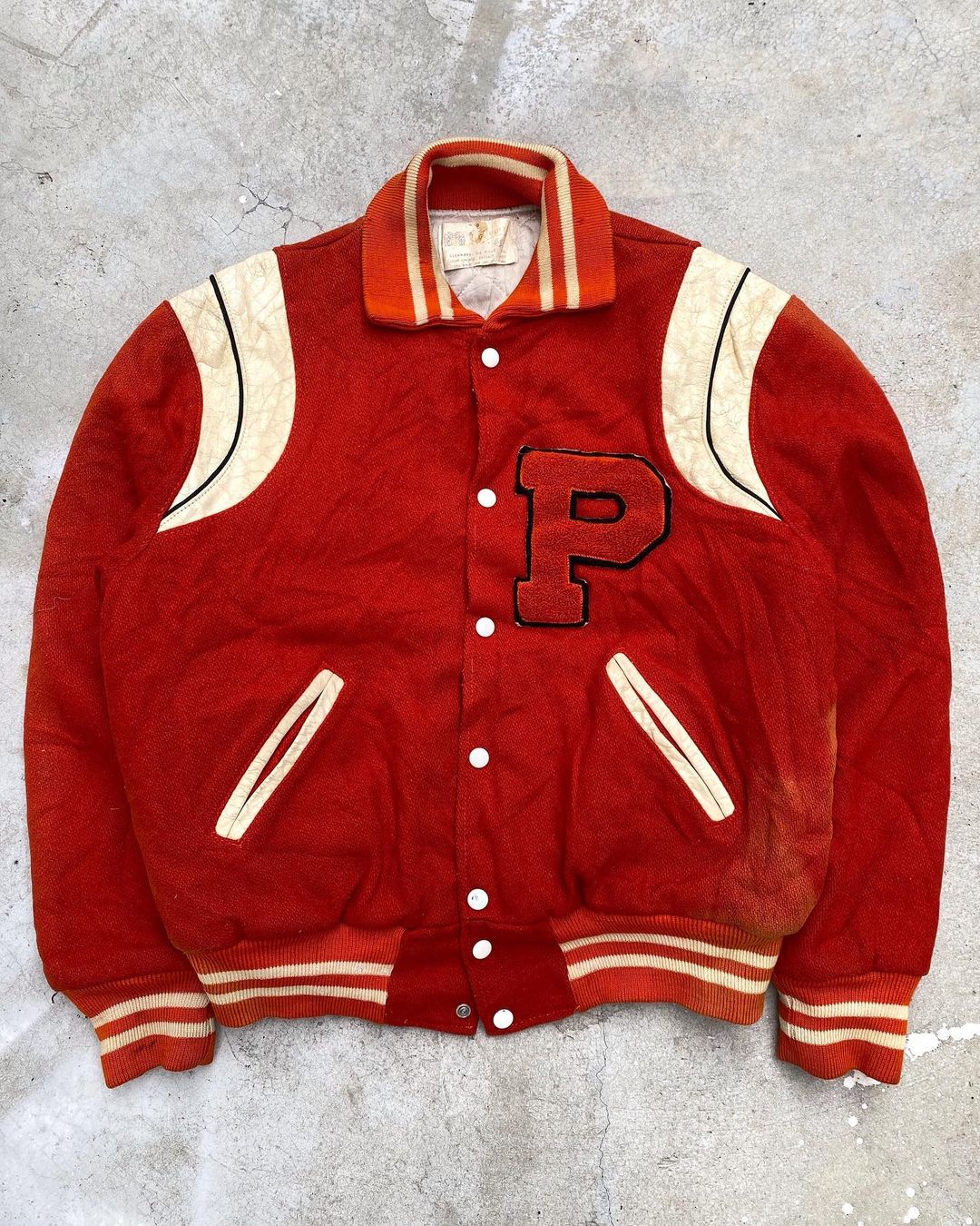 1950S SUN FADED ‘P’ LETTERMAN ORANGE VARSITY JACKET (M/L)