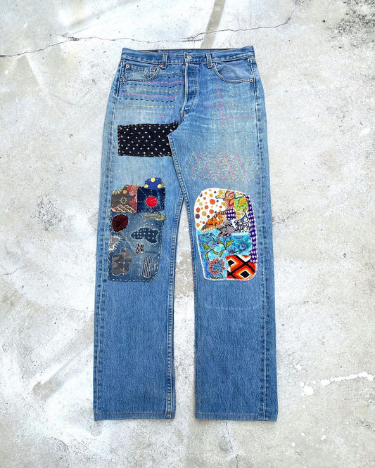 1990S LEVI’S 501 SASHIKO PATCHED JEANS (33X34)