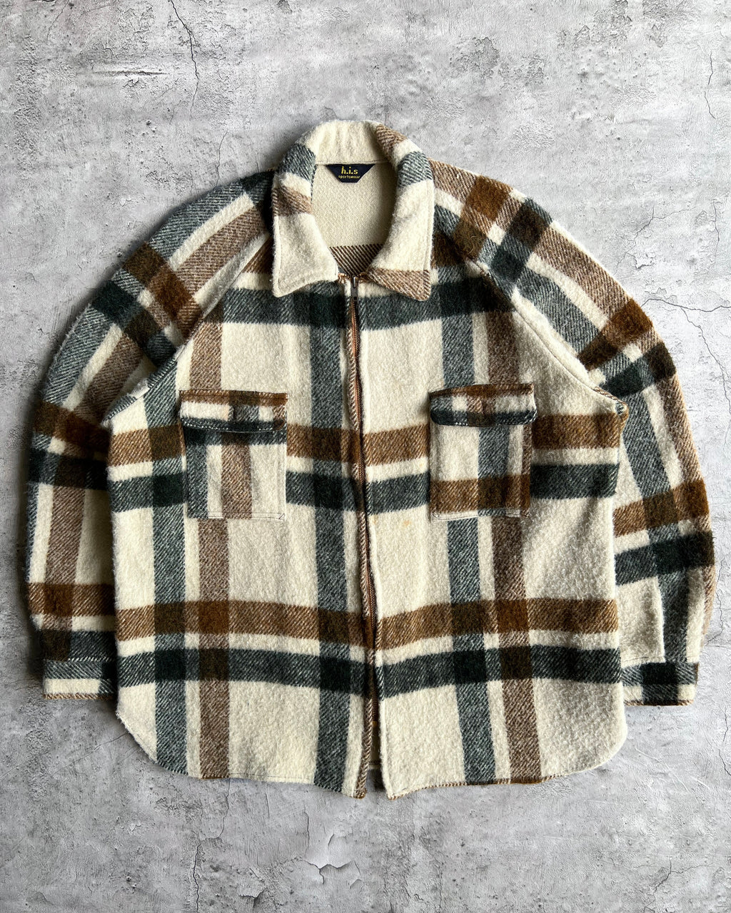 1960S WOOL PLAID ZIP-UP RAGLAN FLANNEL (L)