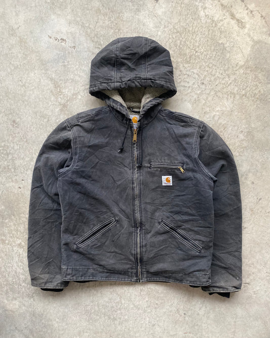 1990S FADED BLACK CARHARTT HOODED DETROIT JACKET (S/M)