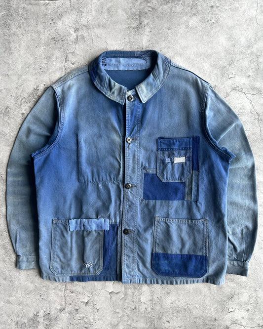 1960S SUN FADED ROUND COLLAR FRENCH PATCHED WORK JACKET (L)