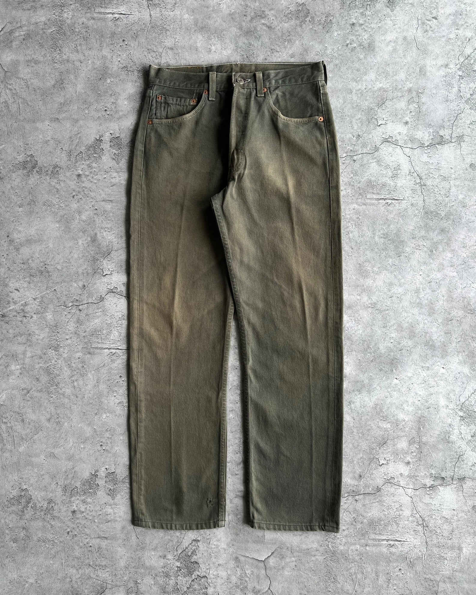 1990S FADED GREEN LEVI'S 501 RELEASED HEM JEANS (31X34)
