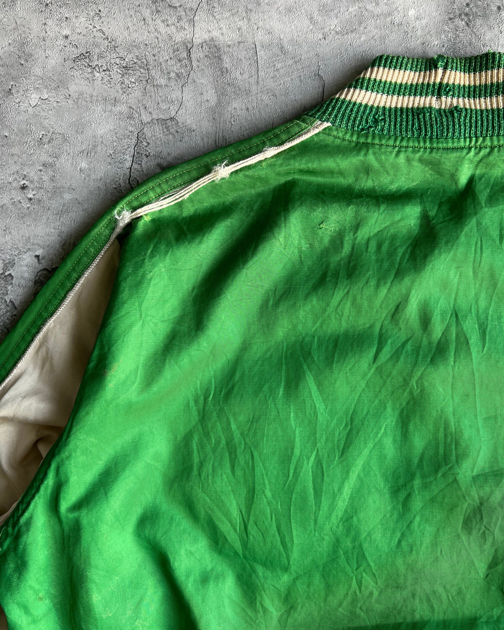 1950S GREEN SATIN FOUR LEAFS VARSITY JACKET (L)