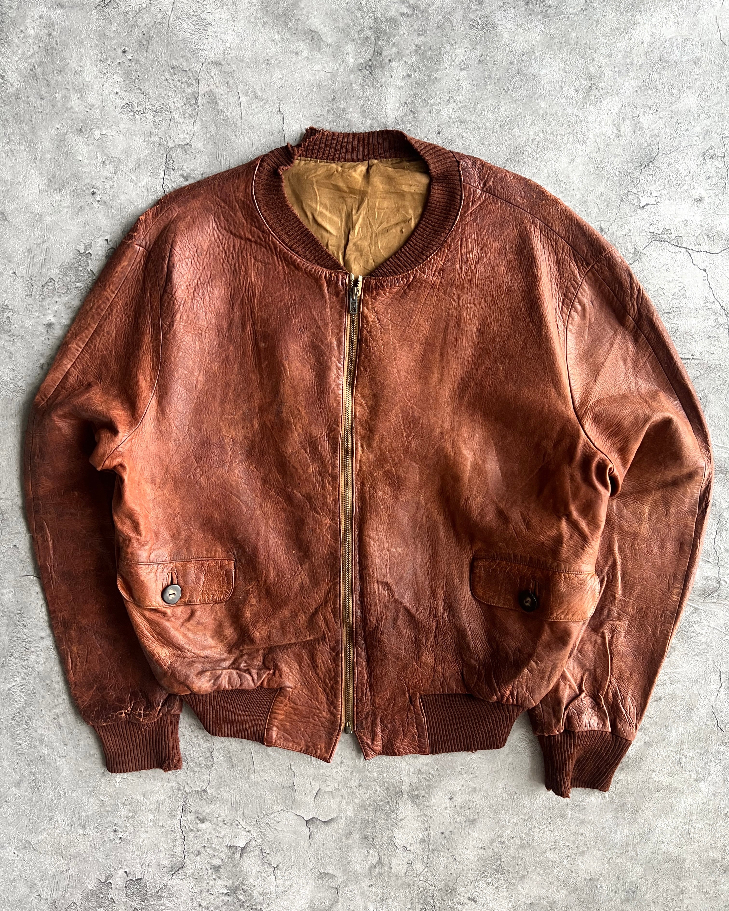 1970S FADED BROWN/MAROON LEATHER BOMBER JACKET (M/L)