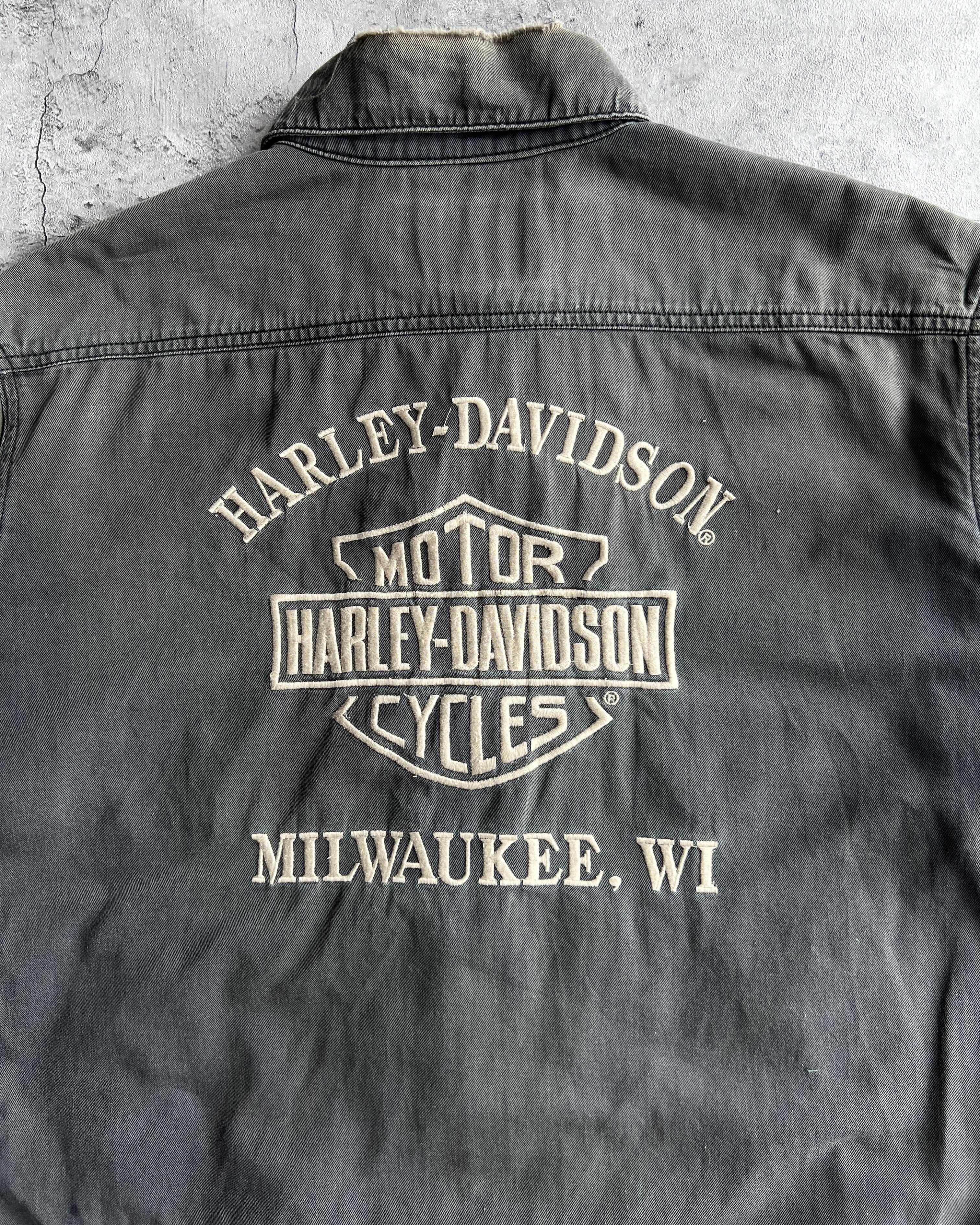 2000S FADED BLACK HARLEY DAVIDSON ZIP-UP WORK SHIRT (L)