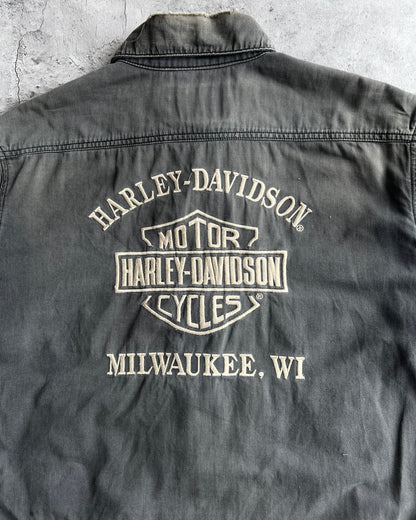 2000S FADED BLACK HARLEY DAVIDSON ZIP-UP WORK SHIRT (L)