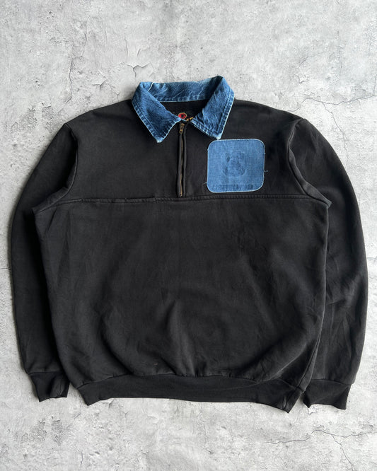 1970S BLACK QUARTER-ZIP DENIM PATCHED SWEATSHIRT (L)