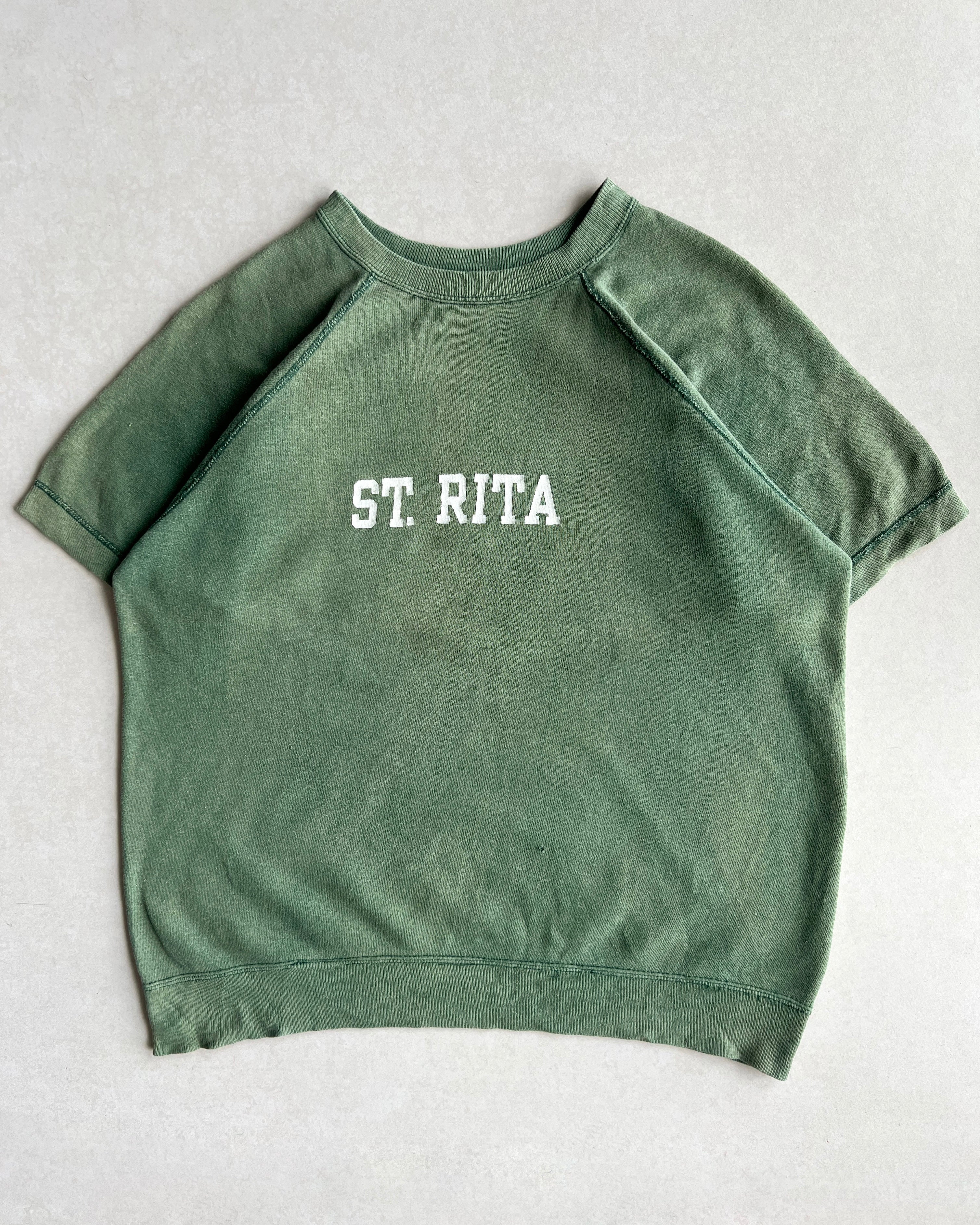 1950S FADED GREEN 'ST.RITA' SHORT SLEEVES RAGLAN SWEATSHIRT (L)