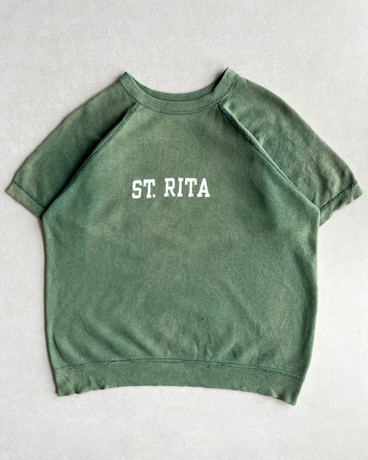 1950S FADED GREEN 'ST.RITA' SHORT SLEEVES RAGLAN SWEATSHIRT (L)