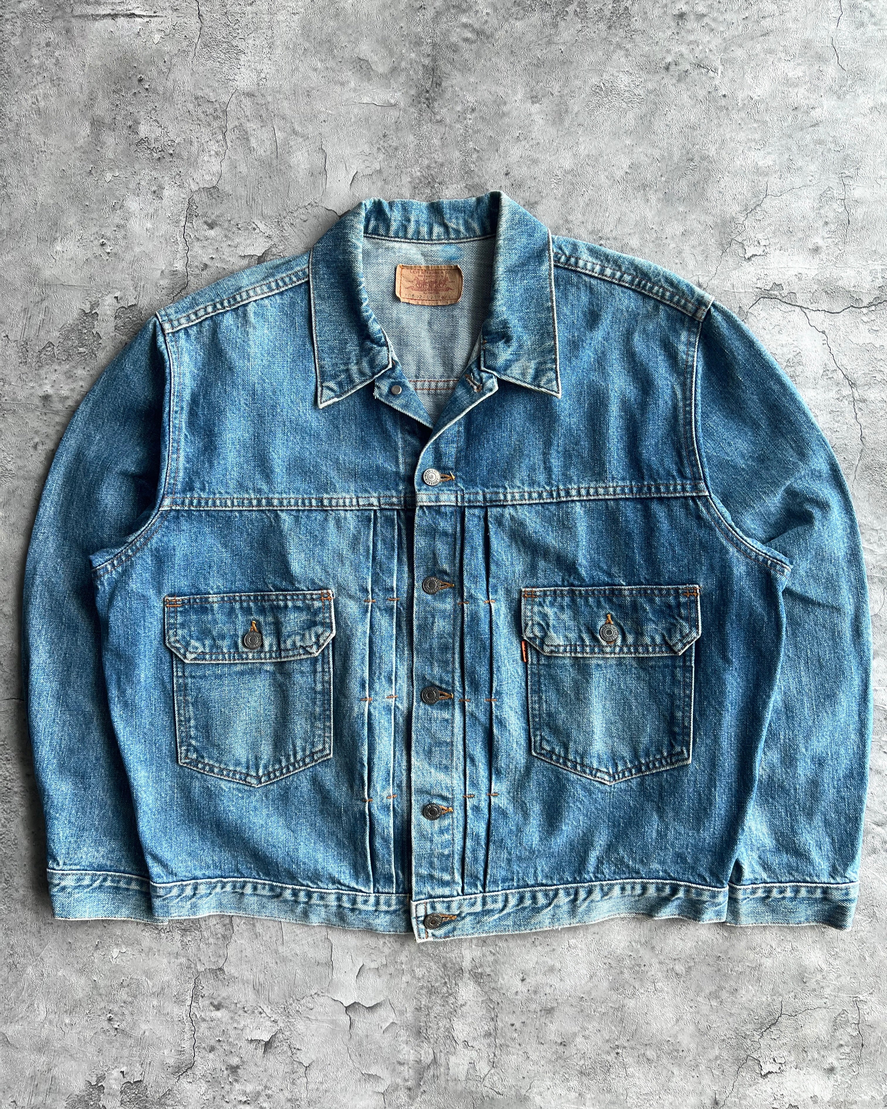 1990S FADED WASHED ORANGE TAB LEVI'S TYPE II DENIM JACKET (L)
