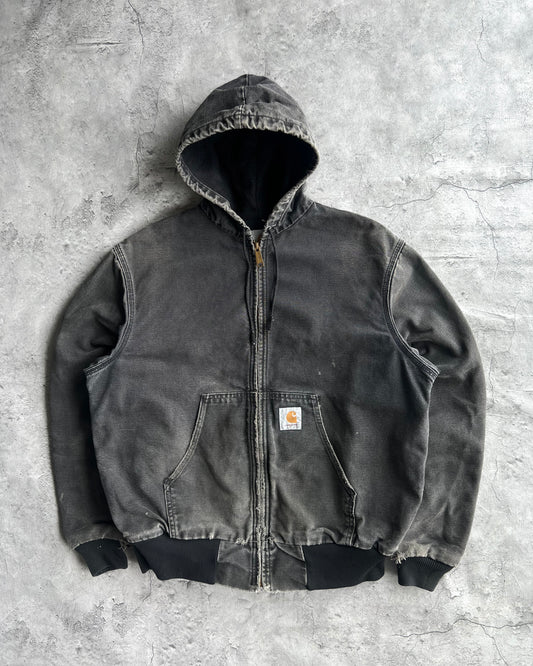 1990S FADED BLACK CARHARTT HOODED WORK JACKET (L)