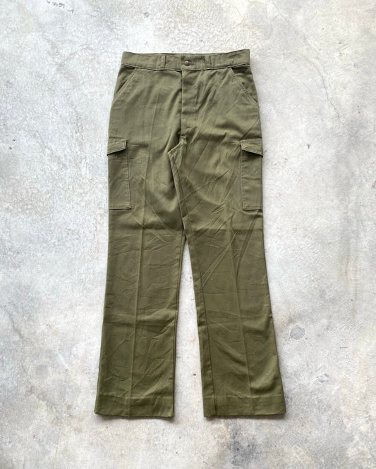 1970S BSA OLIVE FLARED CARGO TROUSERS (32-34)