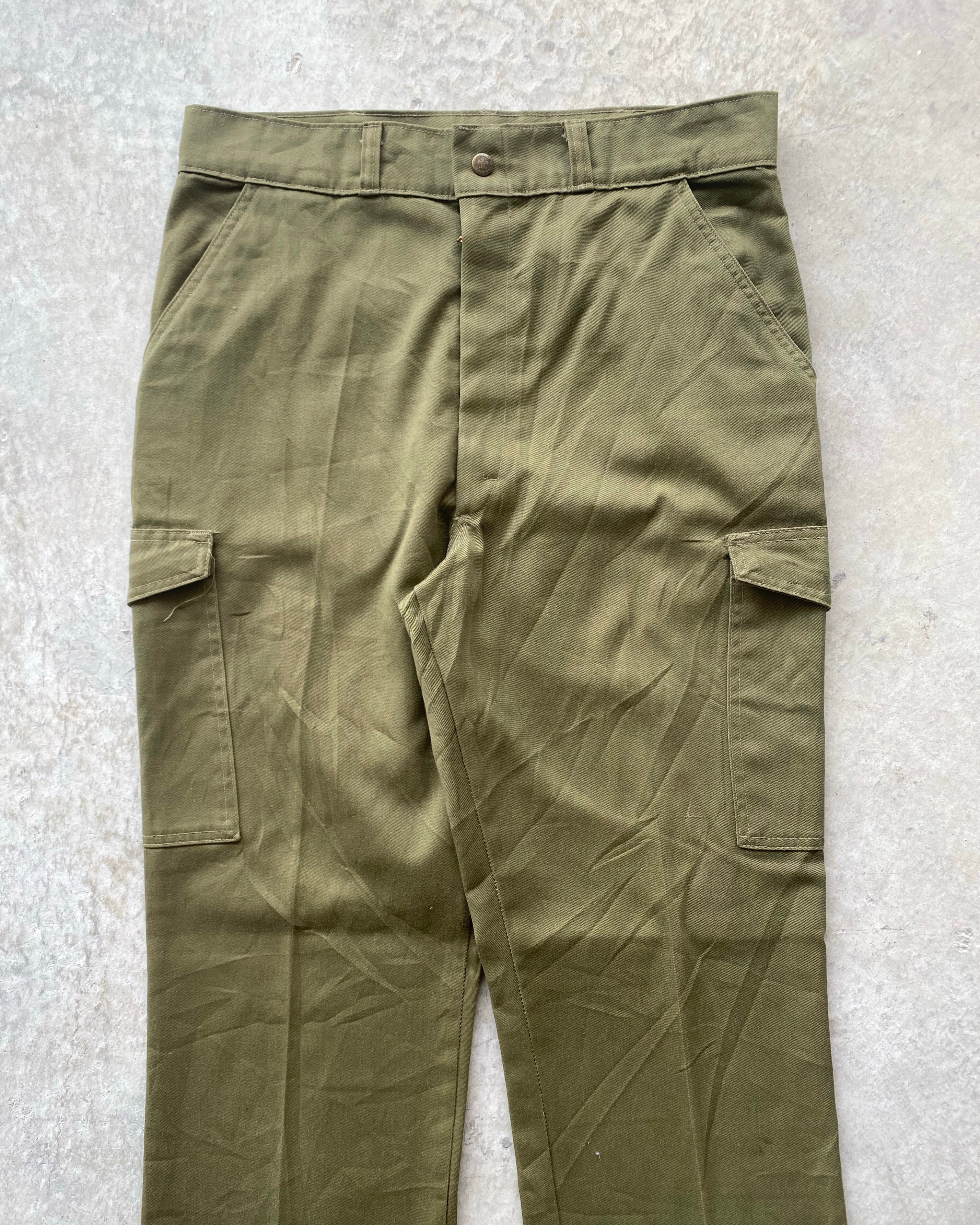 1970S BSA OLIVE FLARED CARGO TROUSERS (32-34)