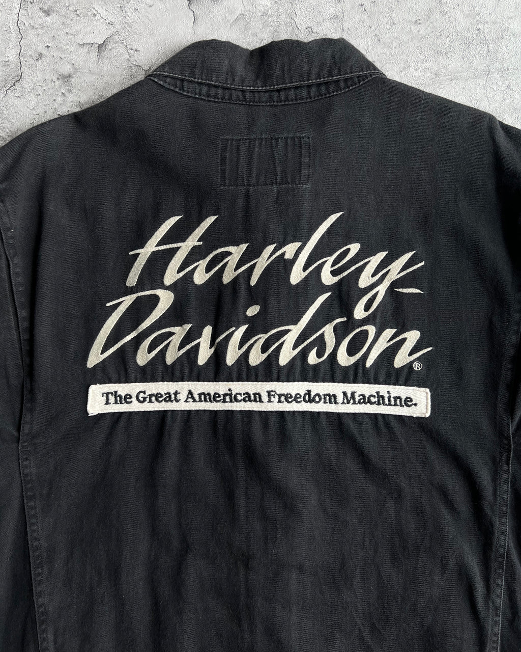 2000S FADED BLACK HARLEY DAVIDSON ZIP-UP WORK SHIRT (L)