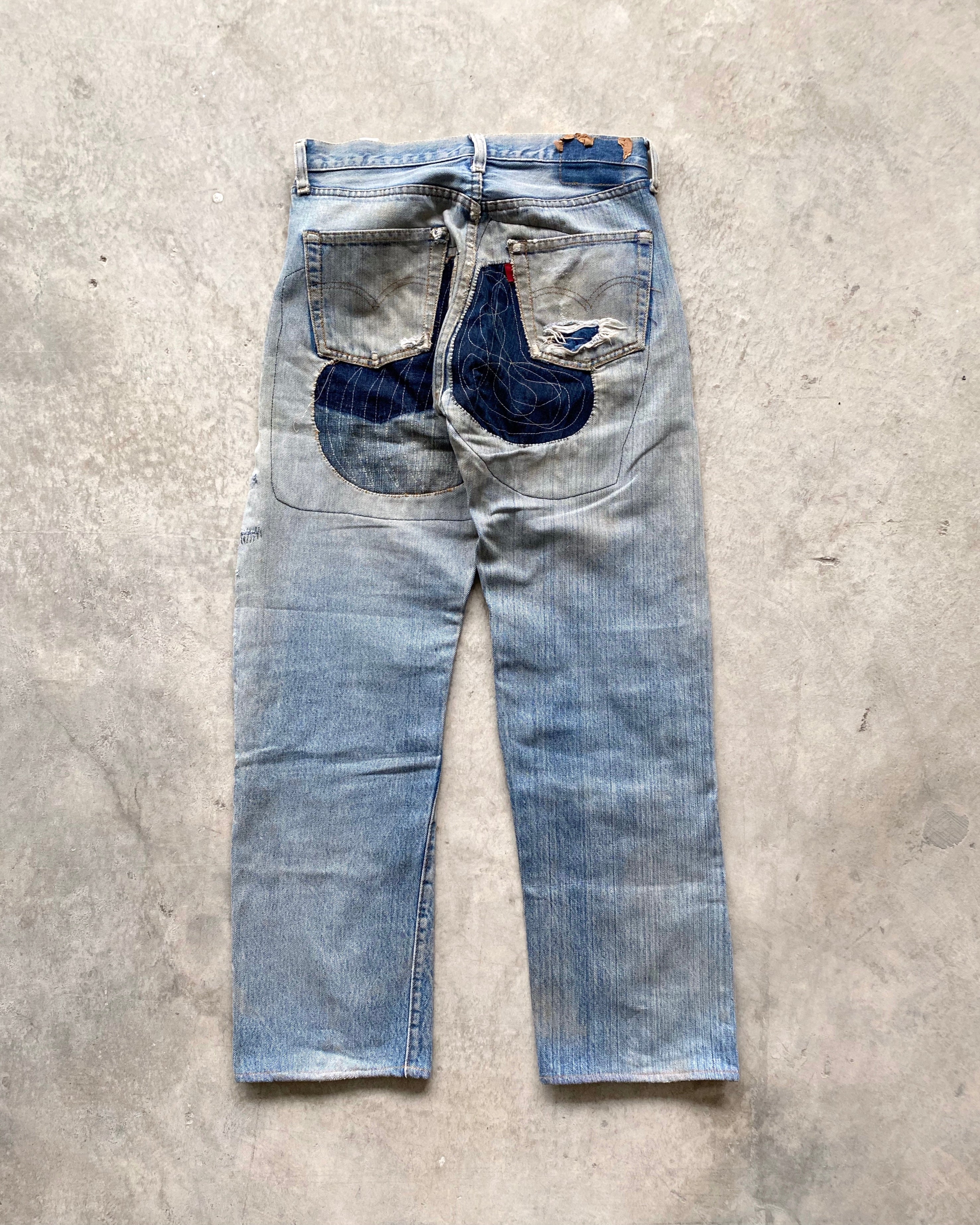 1980S MAJOR REPAIRED LEVI'S 501 REDLINE SELVEDGE JEANS (31X38)