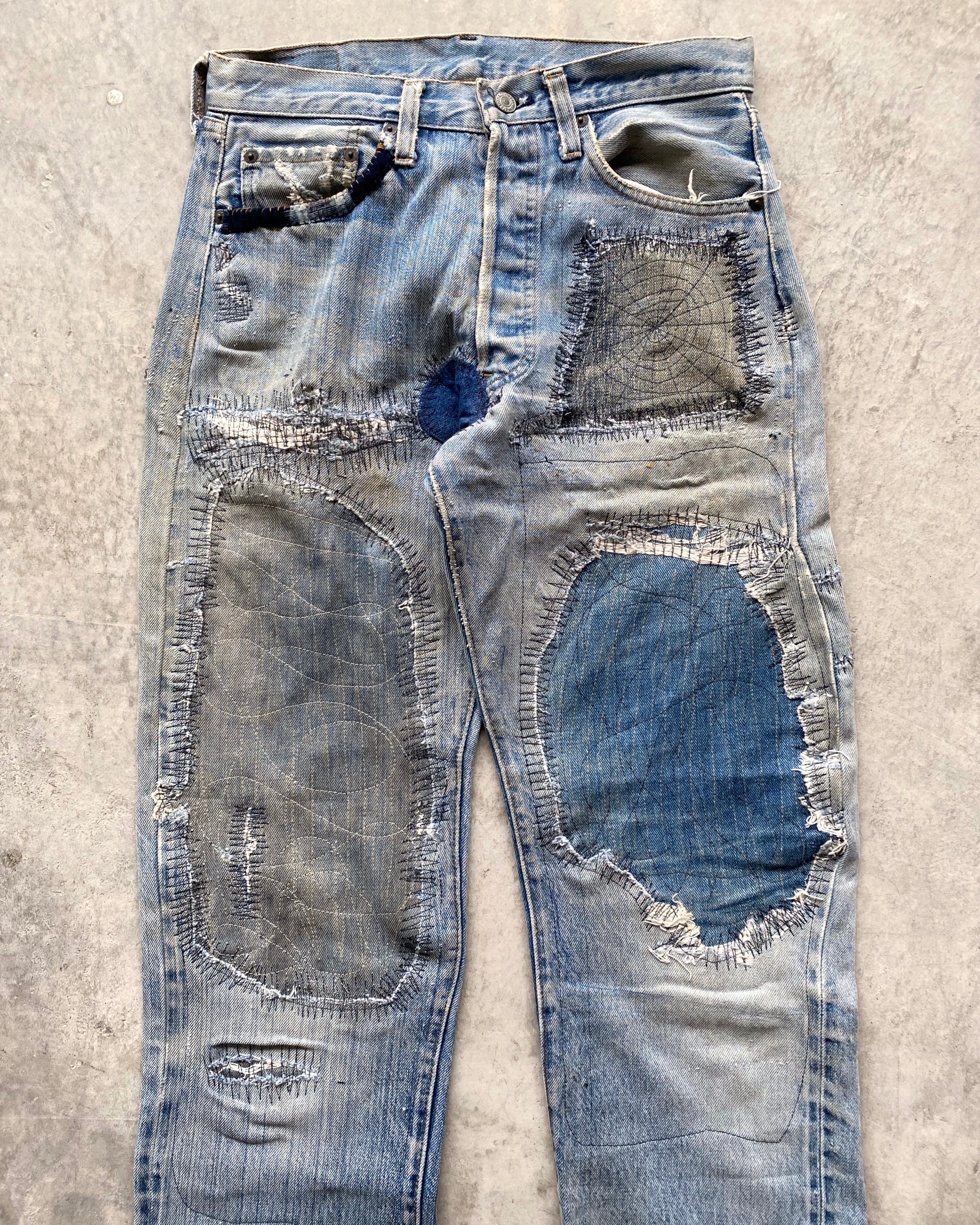 1980S MAJOR REPAIRED LEVI'S 501 REDLINE SELVEDGE JEANS (31X38)