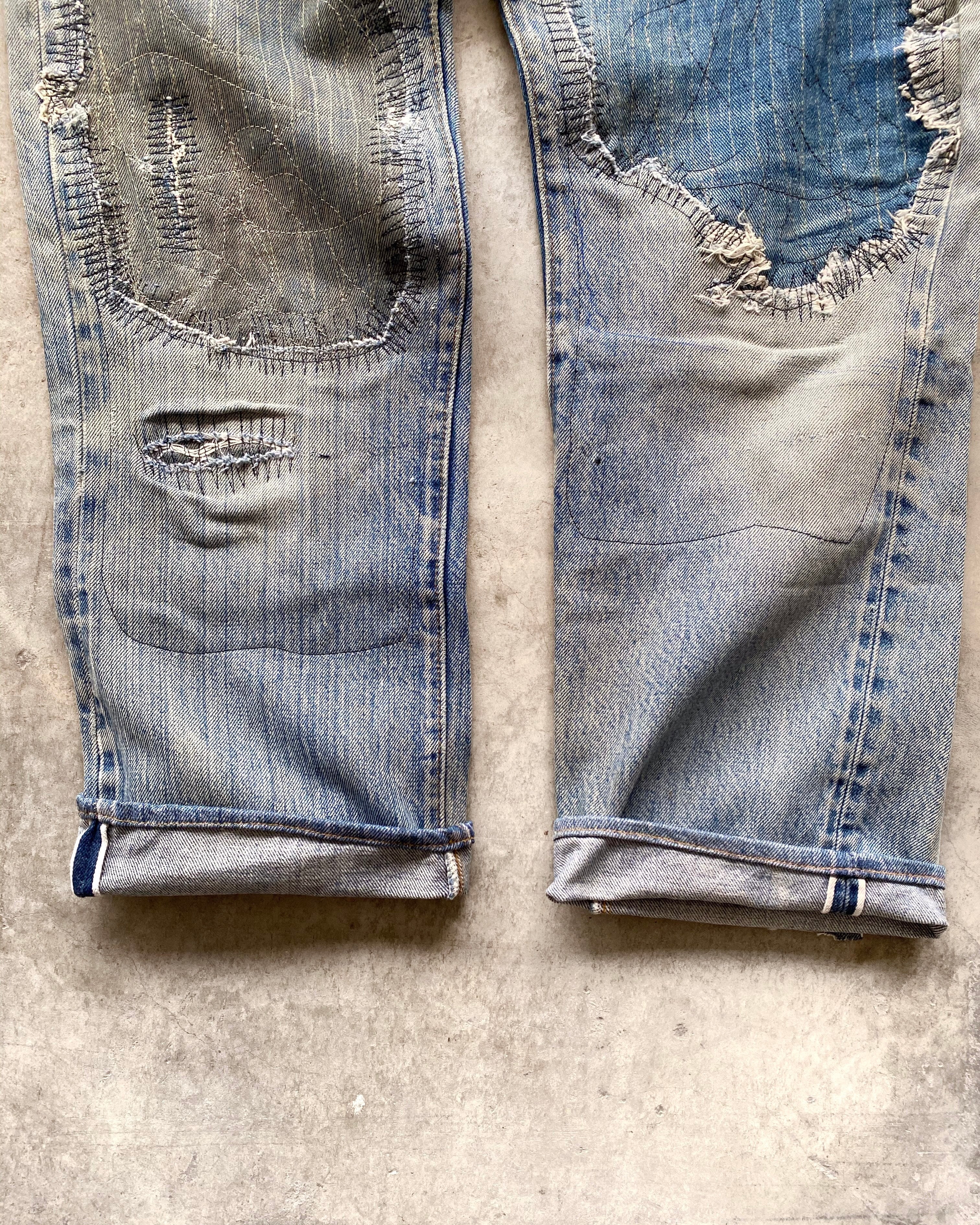 1980S MAJOR REPAIRED LEVI'S 501 REDLINE SELVEDGE JEANS (31X38)