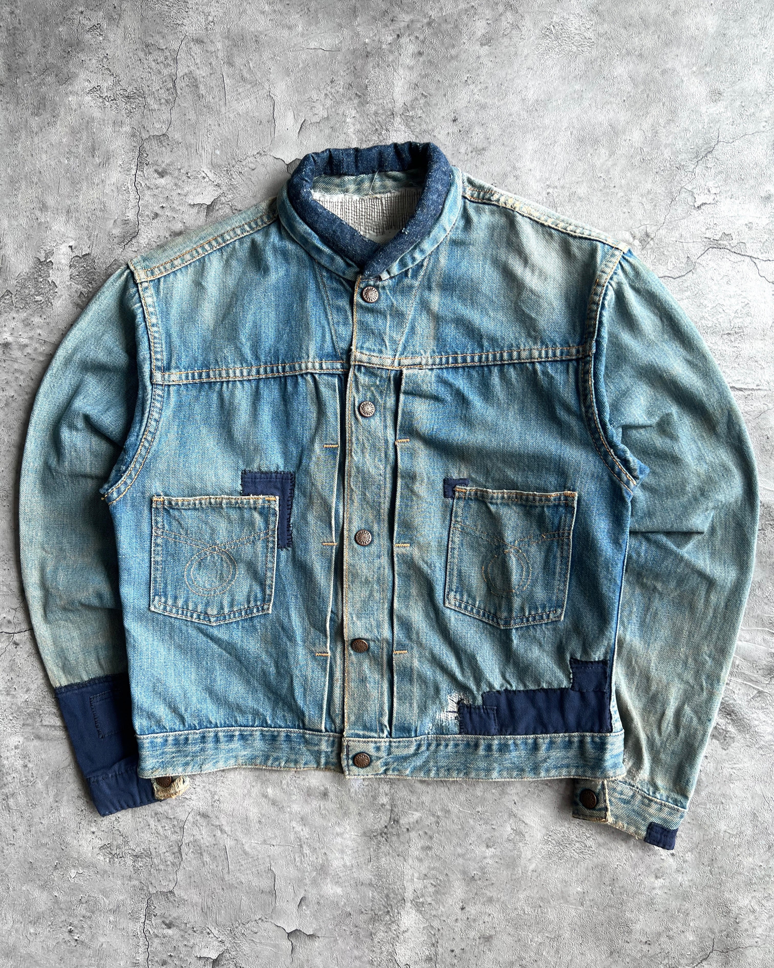1960S FADED PATCHED TYPE II SELVEDGE DENIM JACKET (M)