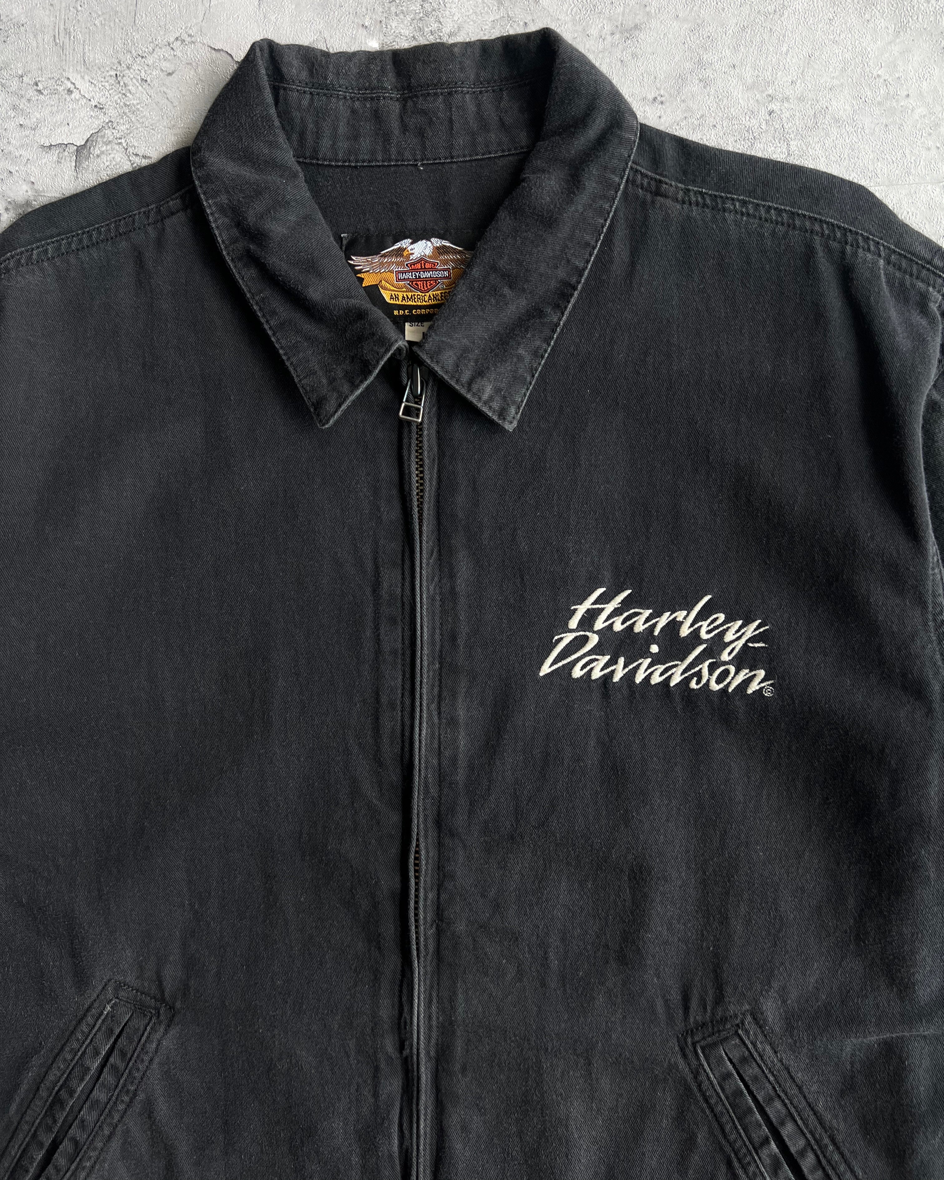 2000S FADED BLACK HARLEY DAVIDSON ZIP-UP WORK SHIRT (L)