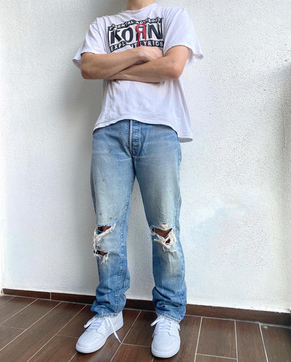 1980S FADED LEVI'S 501 REDLINE SELVEDGE DISTRESSED JEANS (32X34)