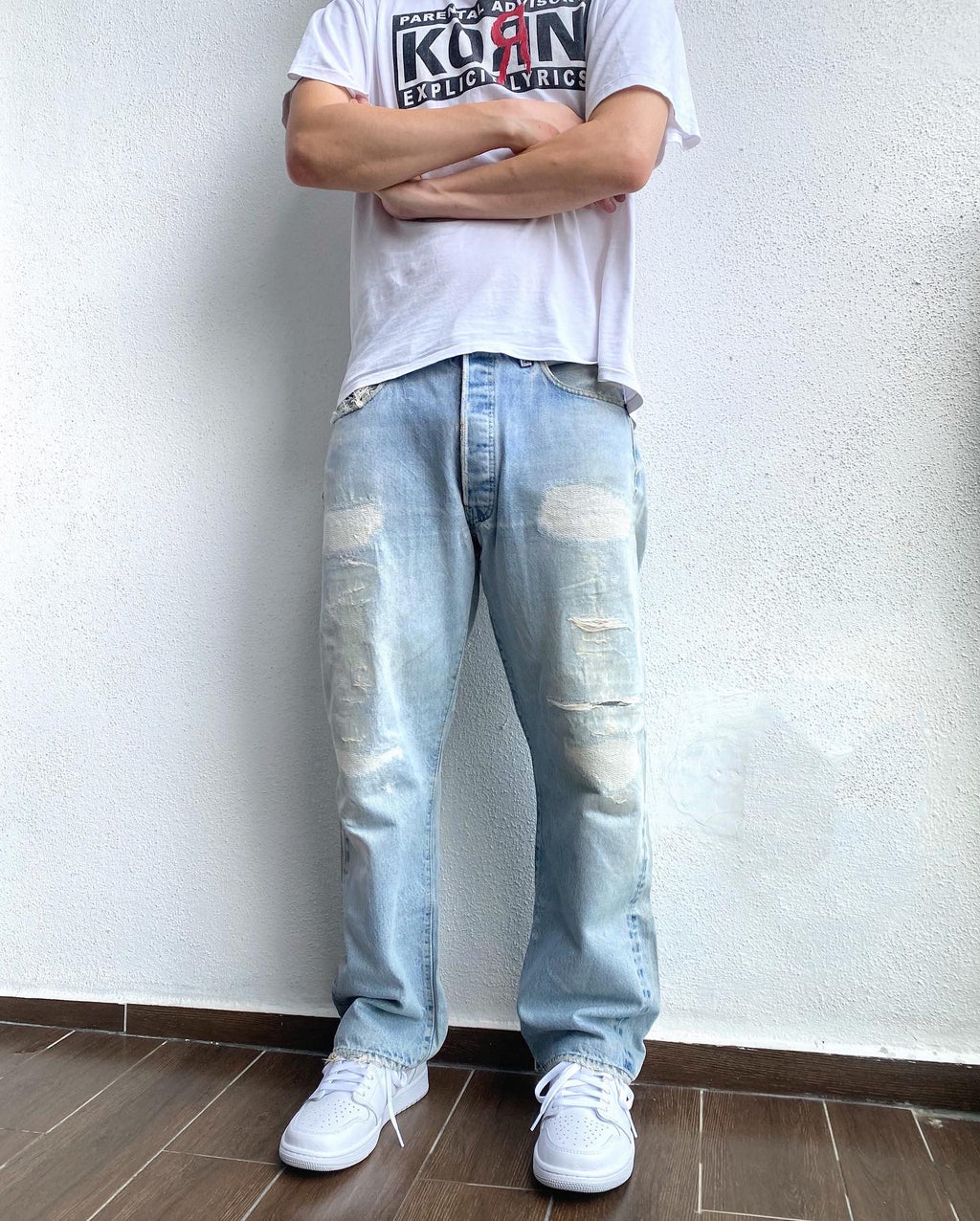 1970S LIGHT WASHED LEVI'S 501 REDLINE SELVEDGE REPAIRED JEANS (36X31)