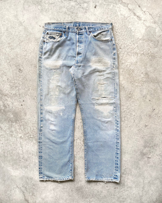 1970S LIGHT WASHED LEVI'S 501 REDLINE SELVEDGE REPAIRED JEANS (36X31)