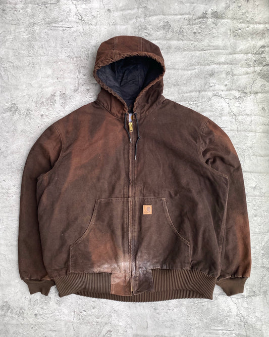 1990S SUN FADED DARK BROWN CARHARTT HOODED JACKET (XL)