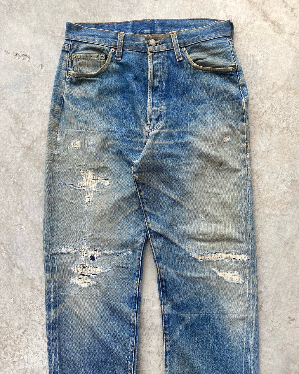 1990S MUD WASHED BIG E LEVI'S 501 REPAIRED SELVEDGE JEANS (31X36")