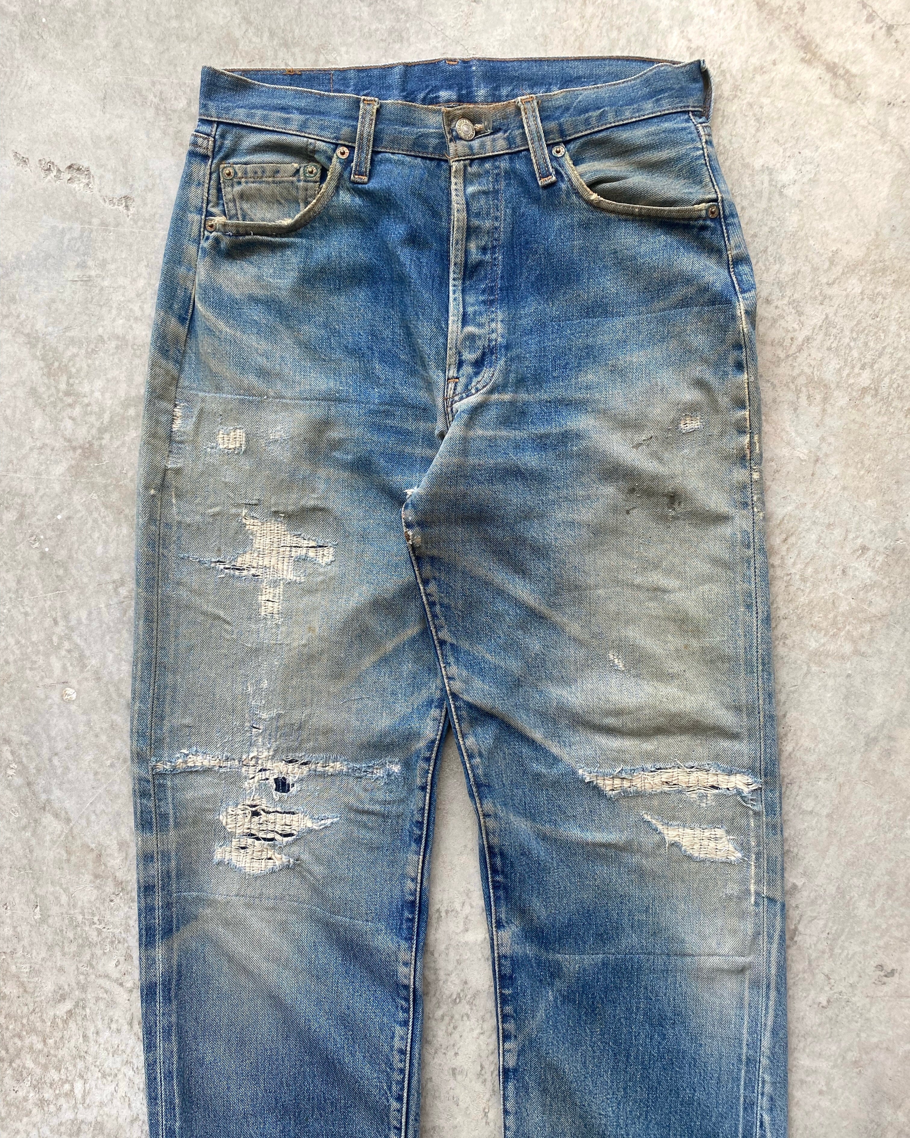 1990S MUD WASHED BIG E LEVI'S 501 REPAIRED SELVEDGE JEANS (31X36")