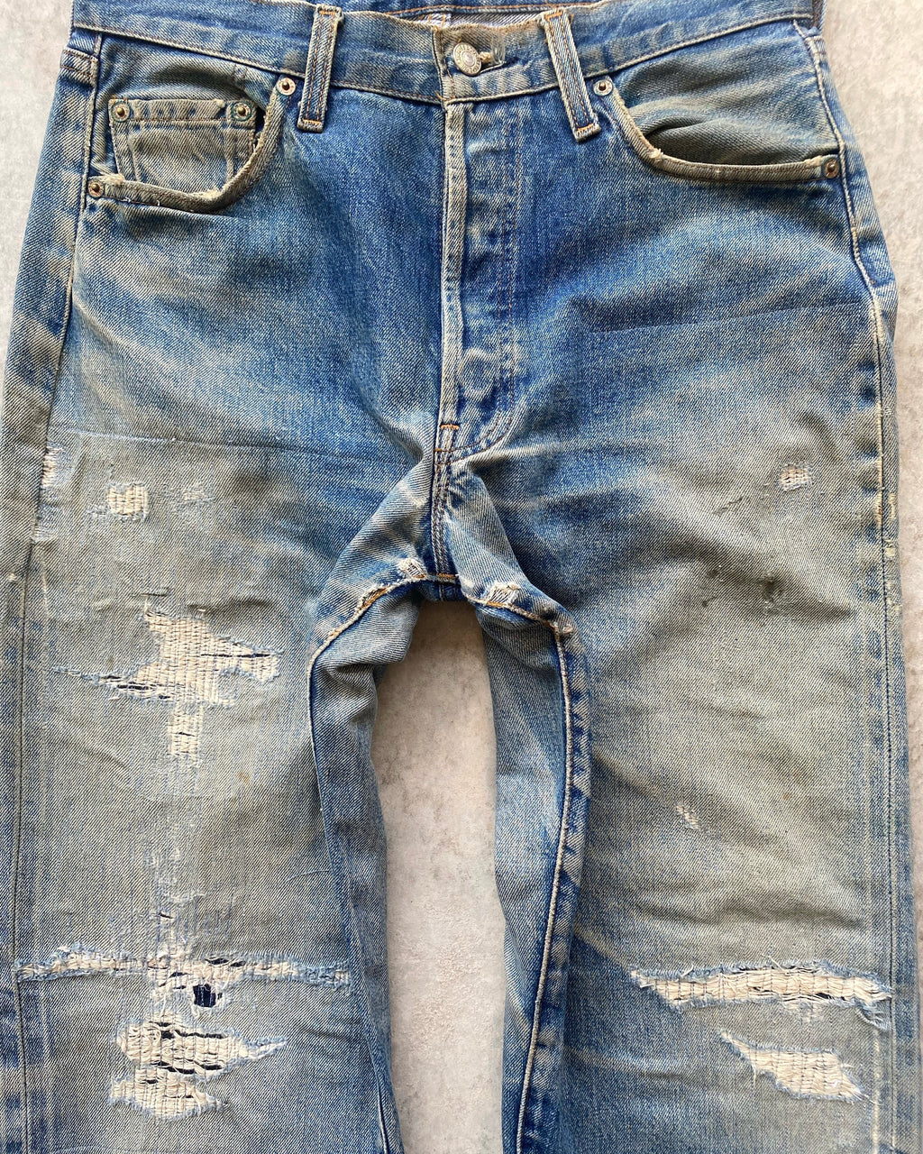 1990S MUD WASHED BIG E LEVI'S 501 REPAIRED SELVEDGE JEANS (31X36")