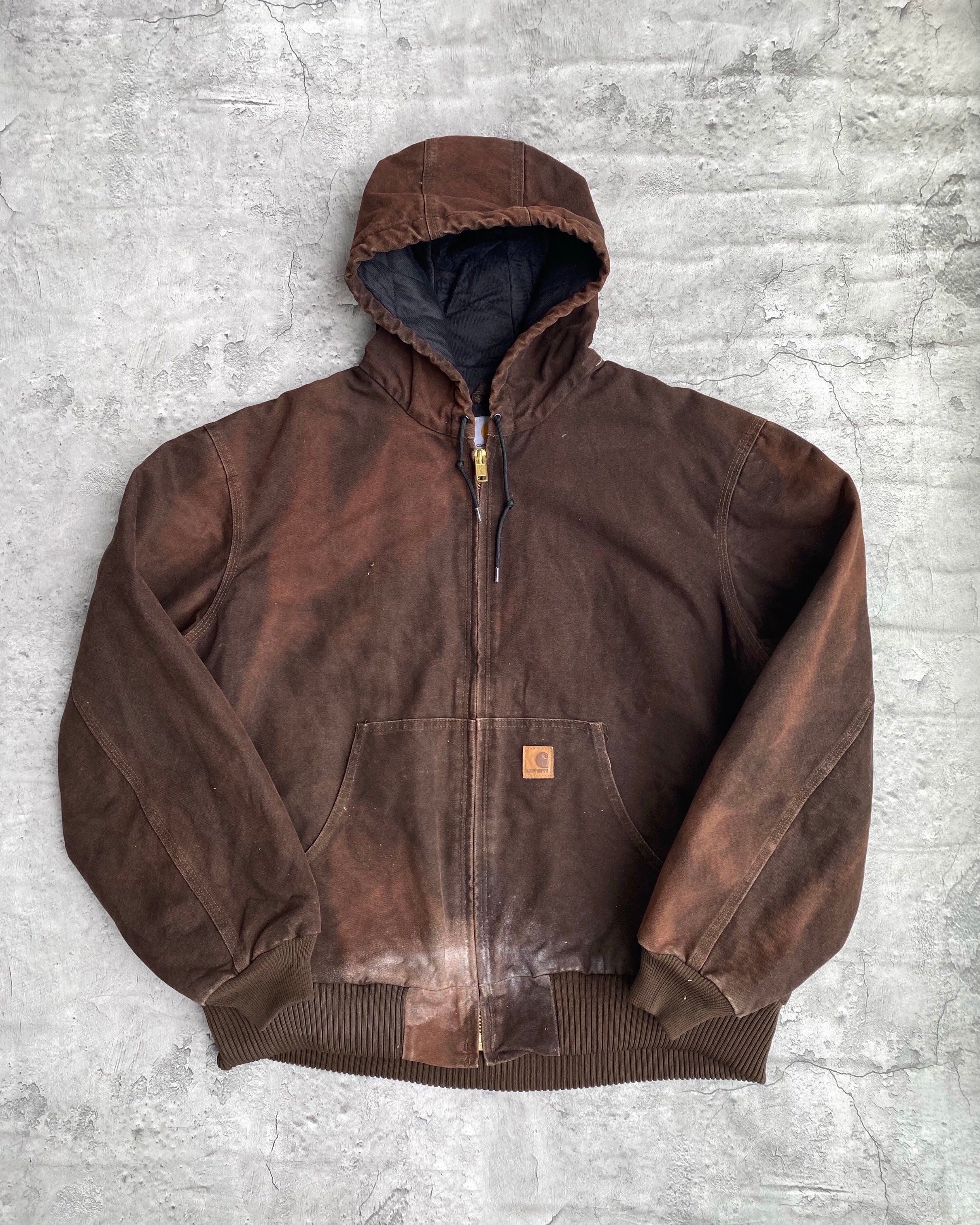 1990S SUN FADED DARK BROWN CARHARTT HOODED JACKET (XL)