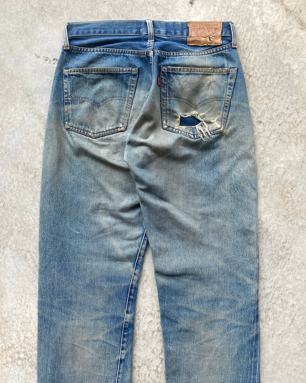 1990S MUD WASHED BIG E LEVI'S 501 REPAIRED SELVEDGE JEANS (31X36")