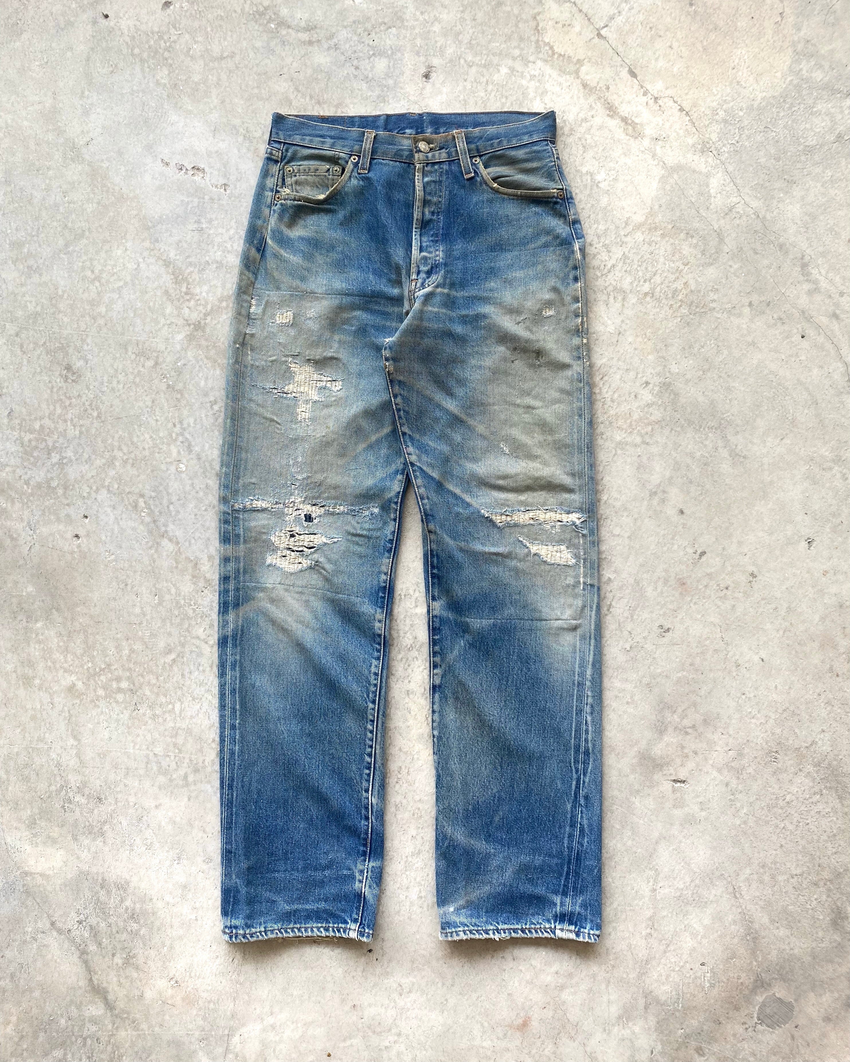 1990S MUD WASHED BIG E LEVI'S 501 REPAIRED SELVEDGE JEANS (31X36")