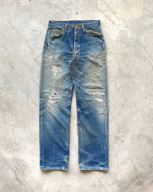 1990S MUD WASHED BIG E LEVI'S 501 REPAIRED SELVEDGE JEANS (31X36")