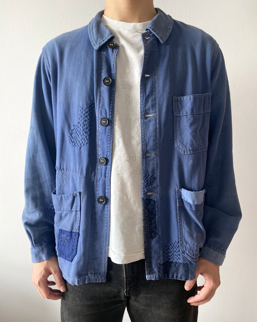 1950S ROUND COLLAR PATCHED FRENCH WORKWEAR (S-L)