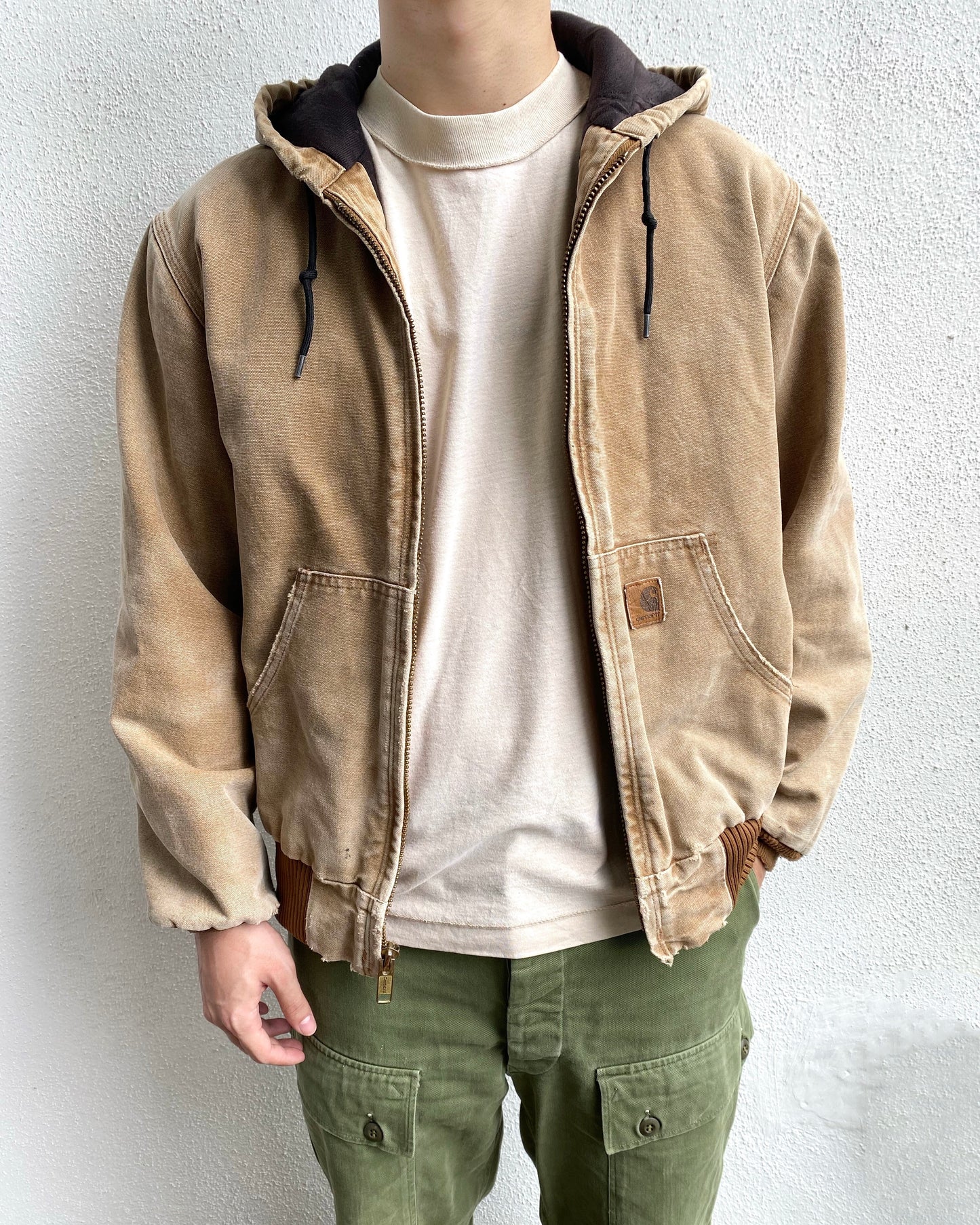 1990S FADED LIGHT BROWN CARHARTT HOODED JACKET (M/L)