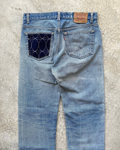 1980S FADED BLUE SASHIKO PATCHED LEVI'S 501 JEANS (34X34)