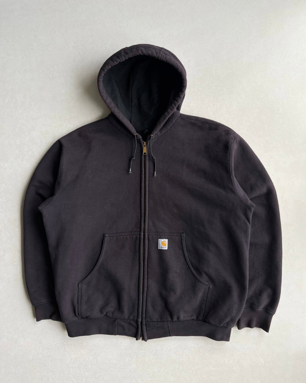 1990S FADED BLACK CARHARTT HEAVYWEIGHT LOGO ZIP-UP HOODIE (XL)