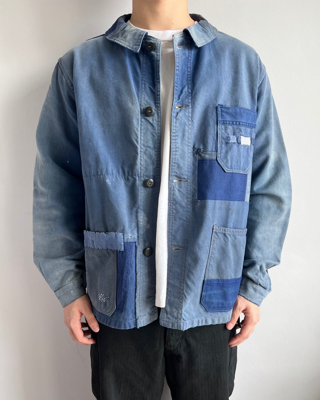 1960S SUN FADED ROUND COLLAR FRENCH PATCHED WORK JACKET (L)