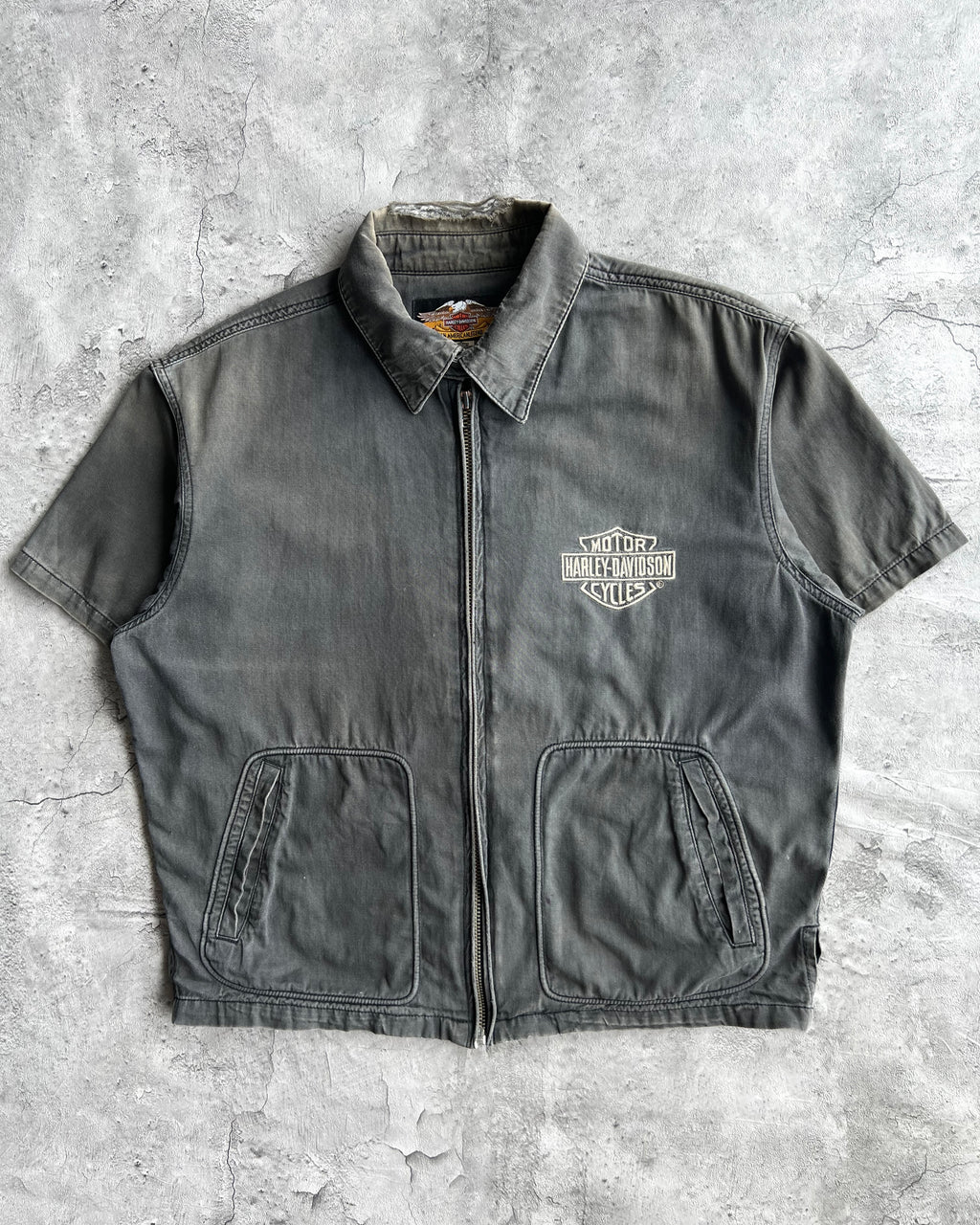 2000S FADED BLACK HARLEY DAVIDSON ZIP-UP WORK SHIRT (L)
